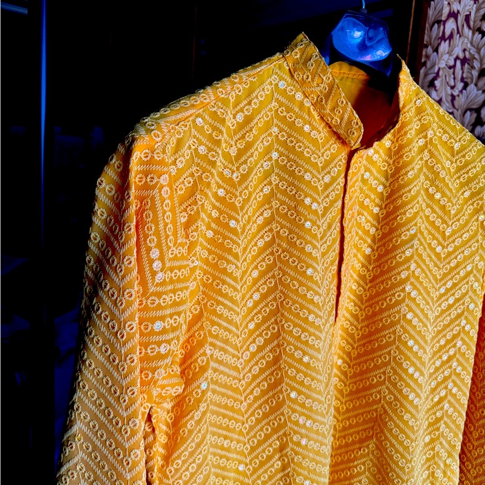 Vibrant Yellow Embroidered Handmade Luxury Kurta - Size 42 - Picture 11 of 15